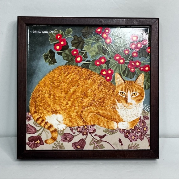 vintage avon mimi vang olsen ceramic tile framed cat art  orange tabby trivet - Picture 1 of 5